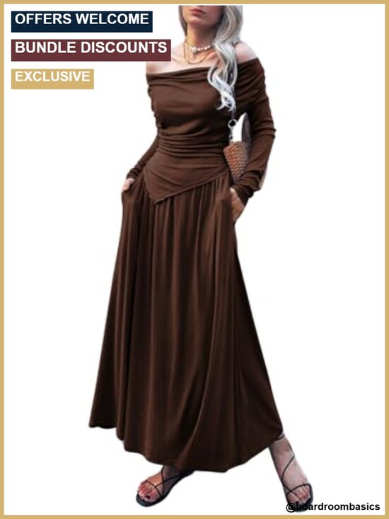 Dresses & Skirts - 2 Piece Knit Skirt Set Ruched Off Shoulder Top Maxi Skirt with Pockets